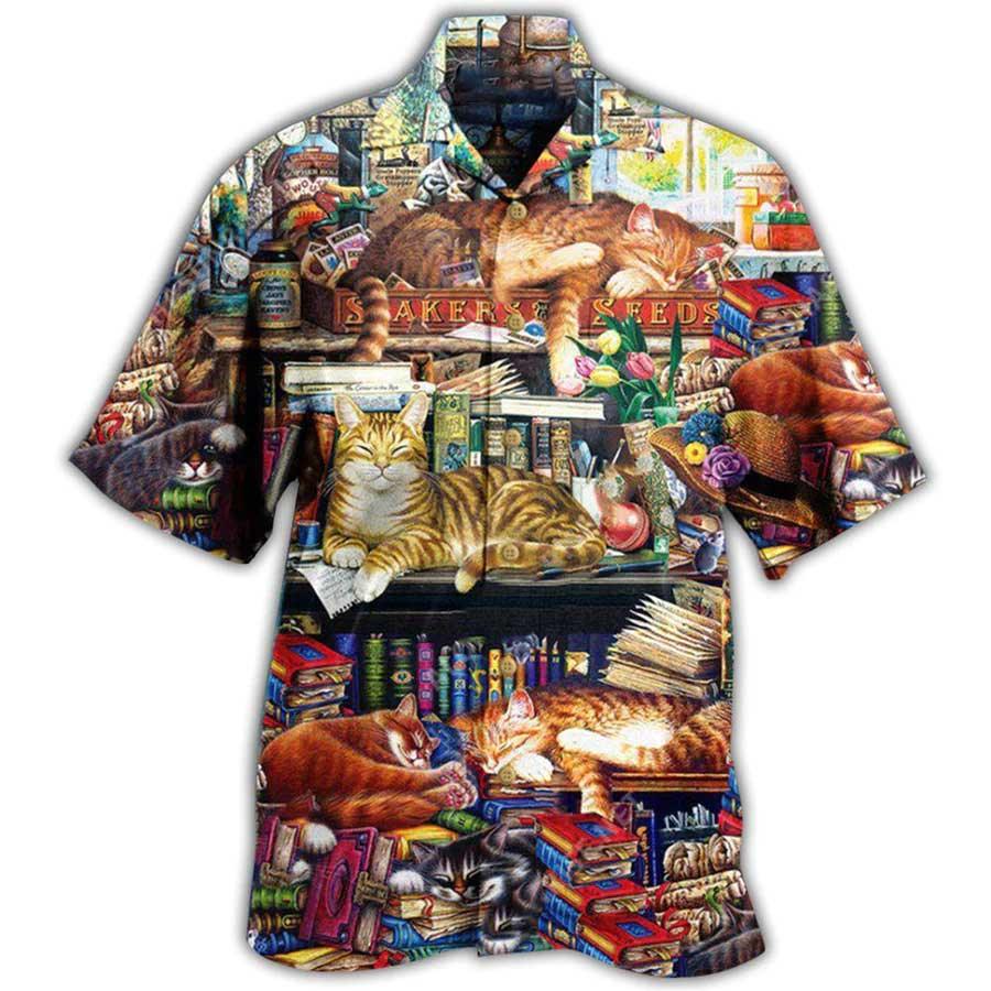 Cat Hawaiian Shirt For Summer, Cat Sleeping With Books Aloha Shirts, Cat Hawaiian Shirts Outfit For Men Women, Friend, Team, Cat Lovers
