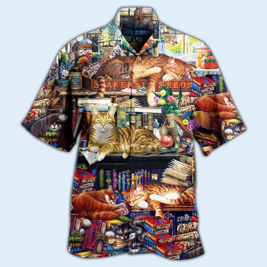 Cat Hawaiian Shirt For Summer, Cat Sleeping With Books Aloha Shirts, Cat Hawaiian Shirts Outfit For Men Women, Friend, Team, Cat Lovers - Image 2