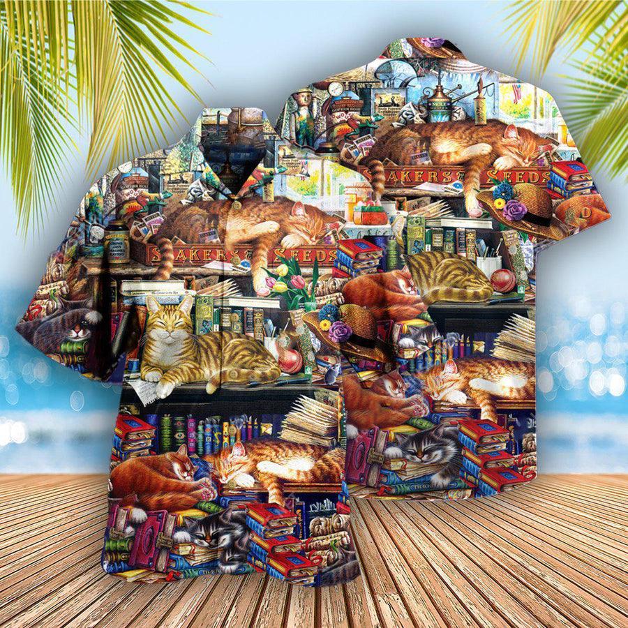 Cat Hawaiian Shirt For Summer, Cat Sleeping With Books Aloha Shirts, Cat Hawaiian Shirts Outfit For Men Women, Friend, Team, Cat Lovers - Image 3