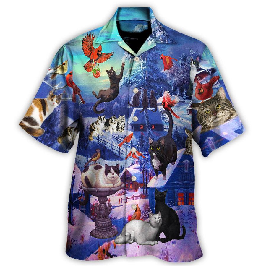 Cat Hawaiian Shirt For Summer, Cat Watching Cardinal Birds Hawaiian Shirts Outfit For Men Women, Friend, Cat Lovers