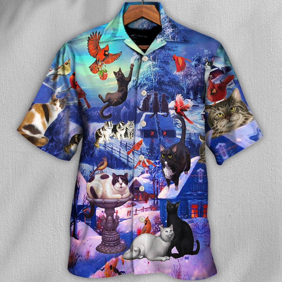 Cat Hawaiian Shirt For Summer, Cat Watching Cardinal Birds Hawaiian Shirts Outfit For Men Women, Friend, Cat Lovers - Image 2
