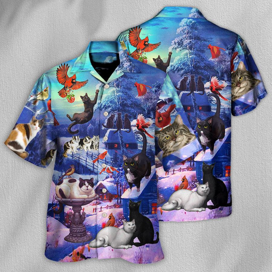 Cat Hawaiian Shirt For Summer, Cat Watching Cardinal Birds Hawaiian Shirts Outfit For Men Women, Friend, Cat Lovers - Image 3