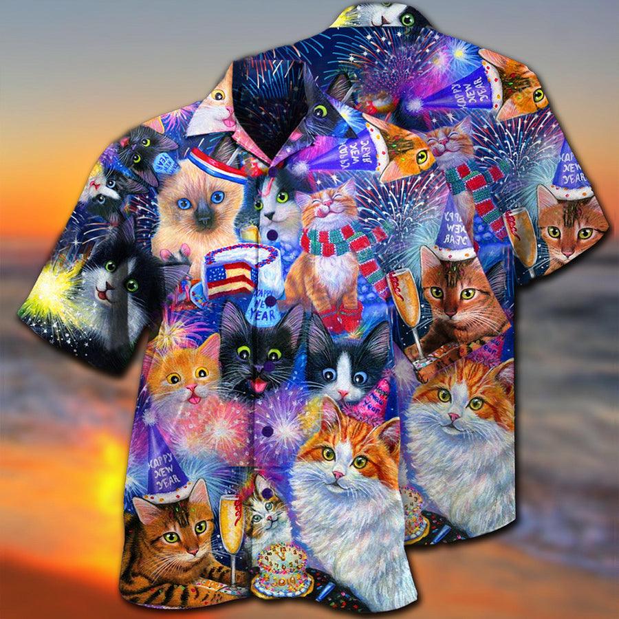 Cat Hawaiian Shirts For Summer, Cat Firework Aloha Shirt, Cat Wish You Happy New Year Hawaiian Shirts - Best Gift For Men Women, Friend, Team, Cat Lovers