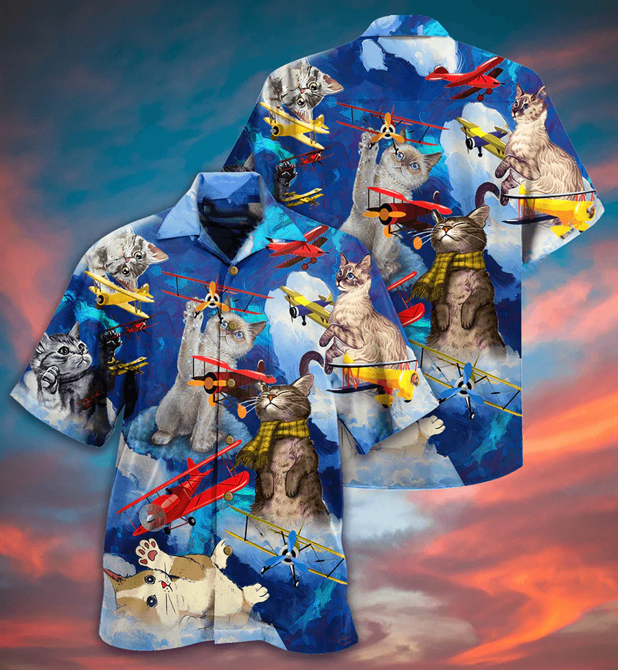 Cat Hawaiian Shirts For Summer, Cat Fly Blue Sky Aloha Shirts, Best Colorful Cool Cat Hawaiian Shirts Outfit - Perfect Gift For Men Women, Friend, Team, Cat Lovers - Image 3