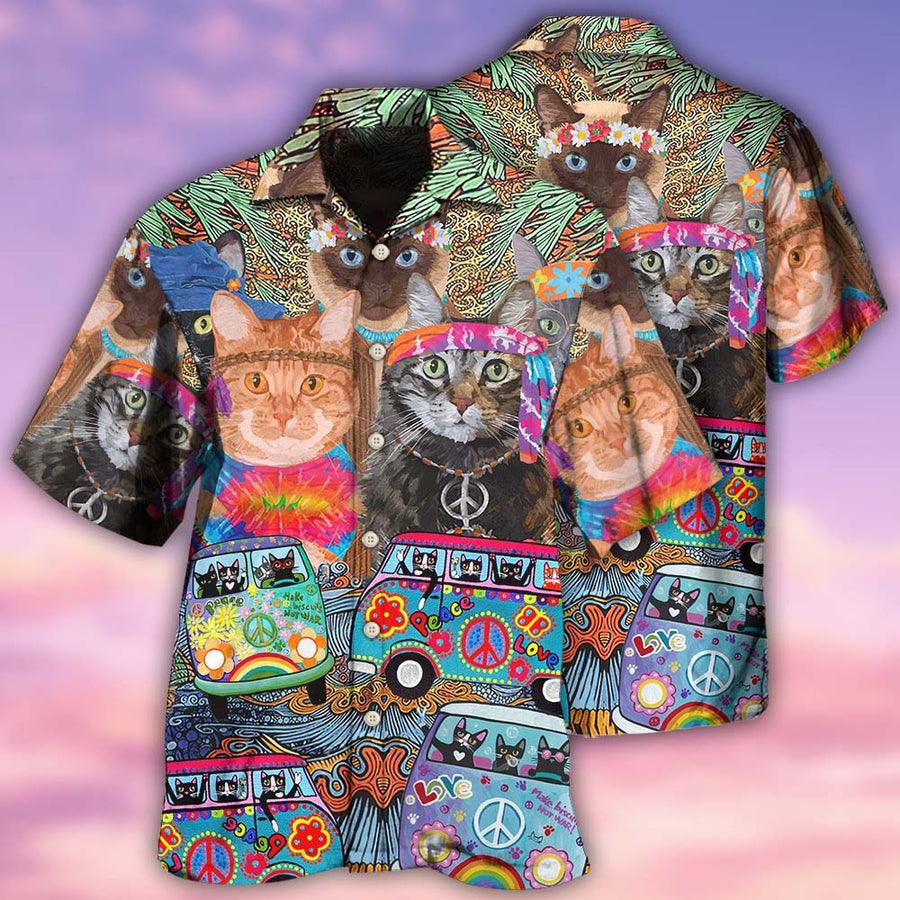 Cat Hippie Aloha Hawaiian Shirt For Summer, Best Colorful Cat Love Life In Bus Hawaiian Shirts Outfit For Men Women, Friend, Team, Cat Lover