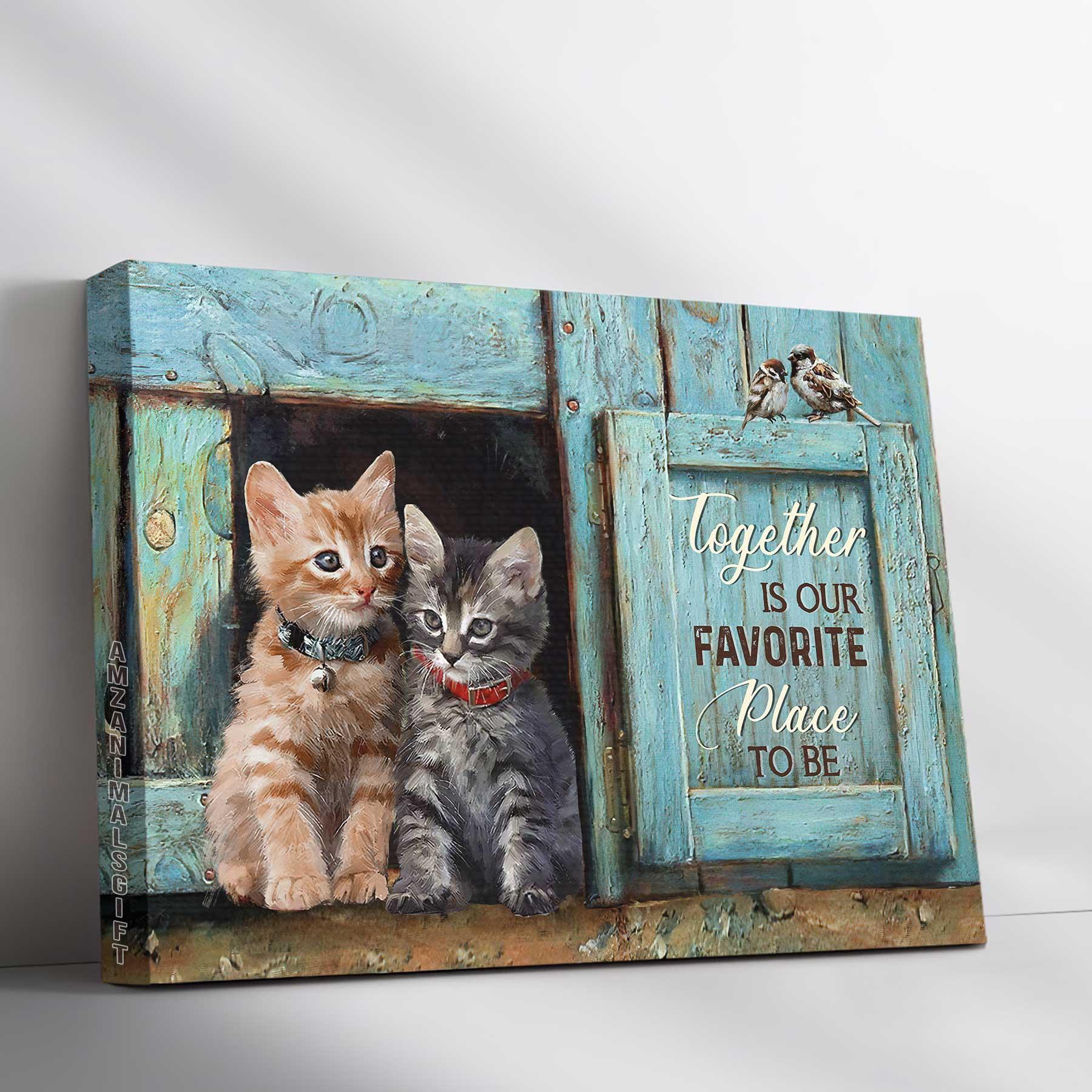 Cat Landscape Canvas - Pretty little cat drawing, Antique window - Together is our favorite place to be - Gift for cat lover, Family - Image 3