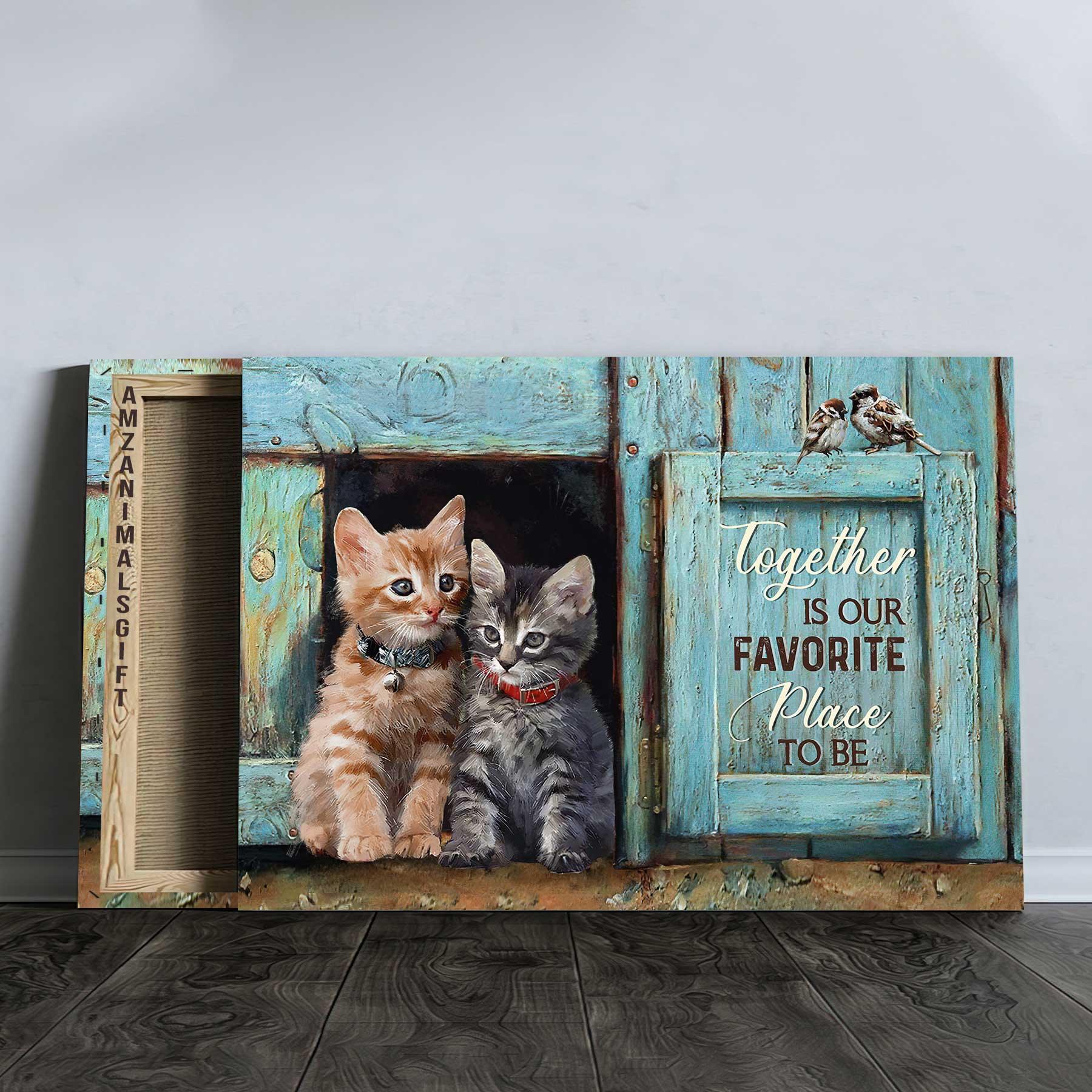 Cat Landscape Canvas - Pretty little cat drawing, Antique window - Together is our favorite place to be - Gift for cat lover, Family - Image 4