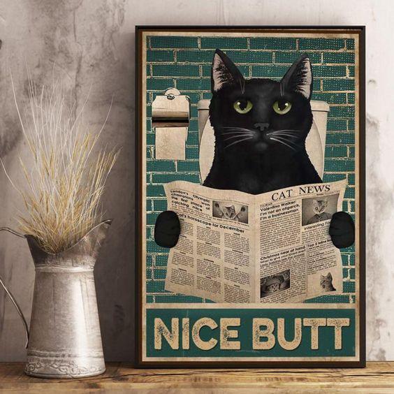 Cat Portrait Canvas - Nice Butt, Funny Cat & Newspaper Bathroom Canvas - Perfect Gift For Cat Lover, Friend, Family