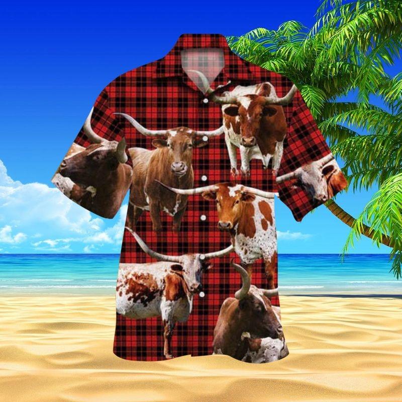 Cattle Aloha Hawaiian Shirt - Texas Longhorn Cattle Hawaiian Shirt, Red Plaid Hawaiian Shirt For Men & Women, Cattle Lover, Fammer