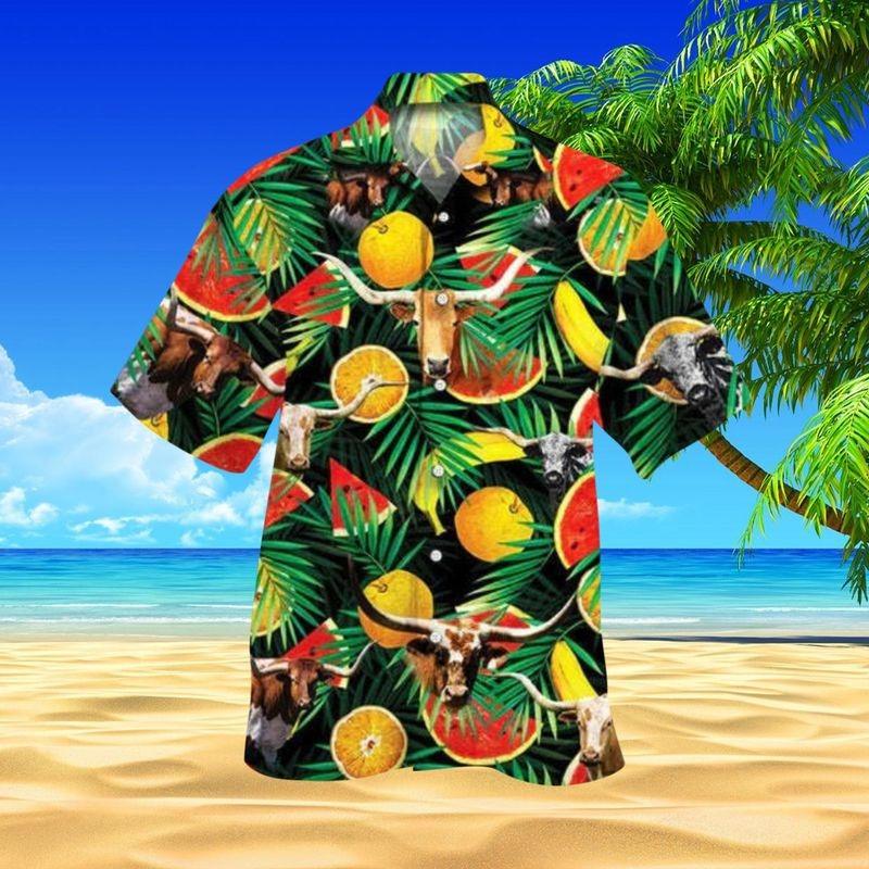 Cattle Aloha Hawaiian Shirt - Texas Longhorn Cattle Hawaiian Shirt, Tropical Fruits Hawaiian Shirt For Men & Women, Cattle Lover, Fammer
