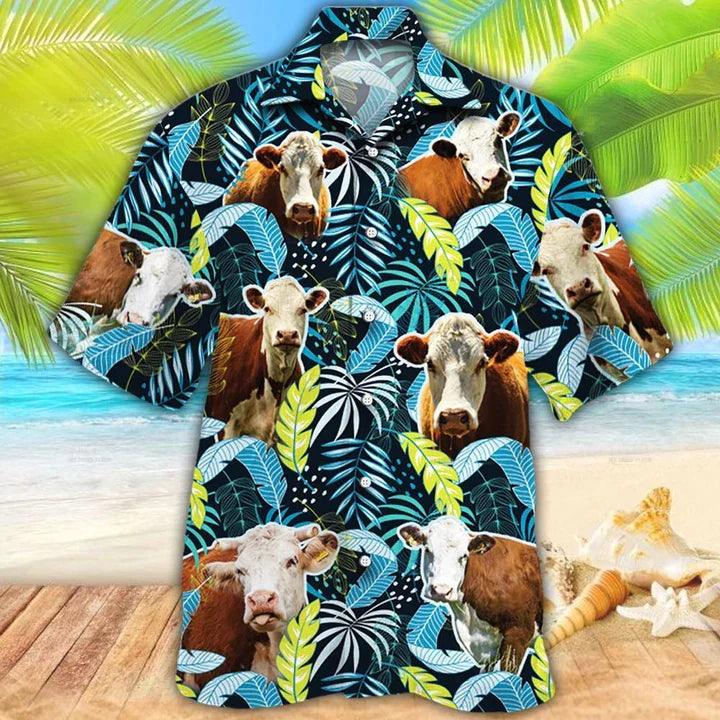 Cattle Hawaiian Shirt - Hereford Cattle Lovers Jungle Leaves Hawaiian Shirt - Perfect Gift For Friend, Family