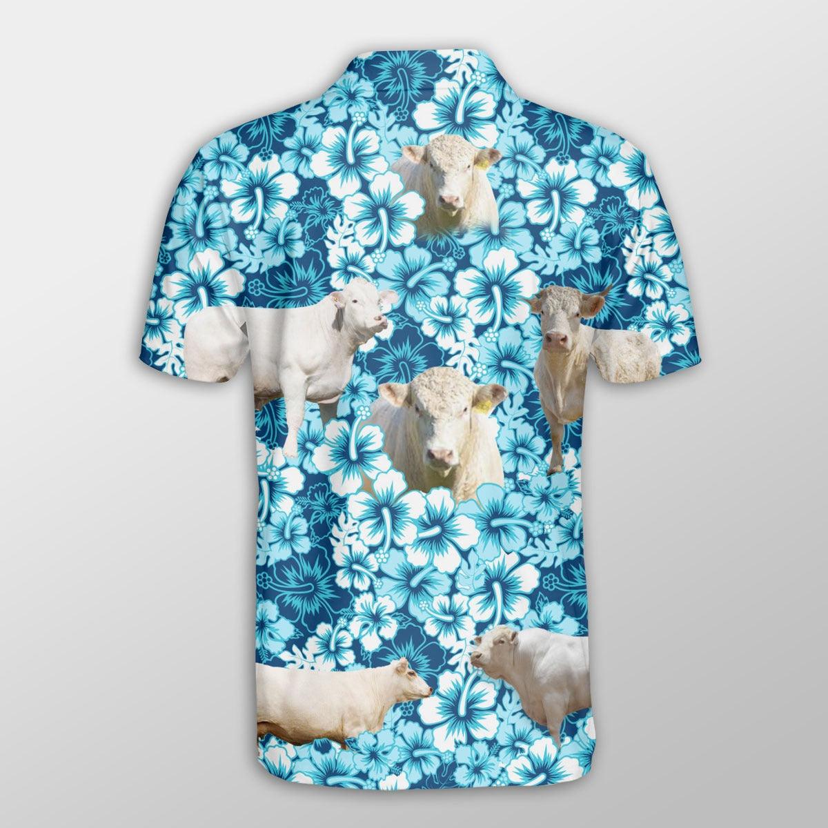 Charolais Men Polo Shirts For Summer - Charolais Blue Hibiscus Pattern Button Shirts For Men - Perfect Gift For Charolais Lovers, Cattle Lovers - Image 3