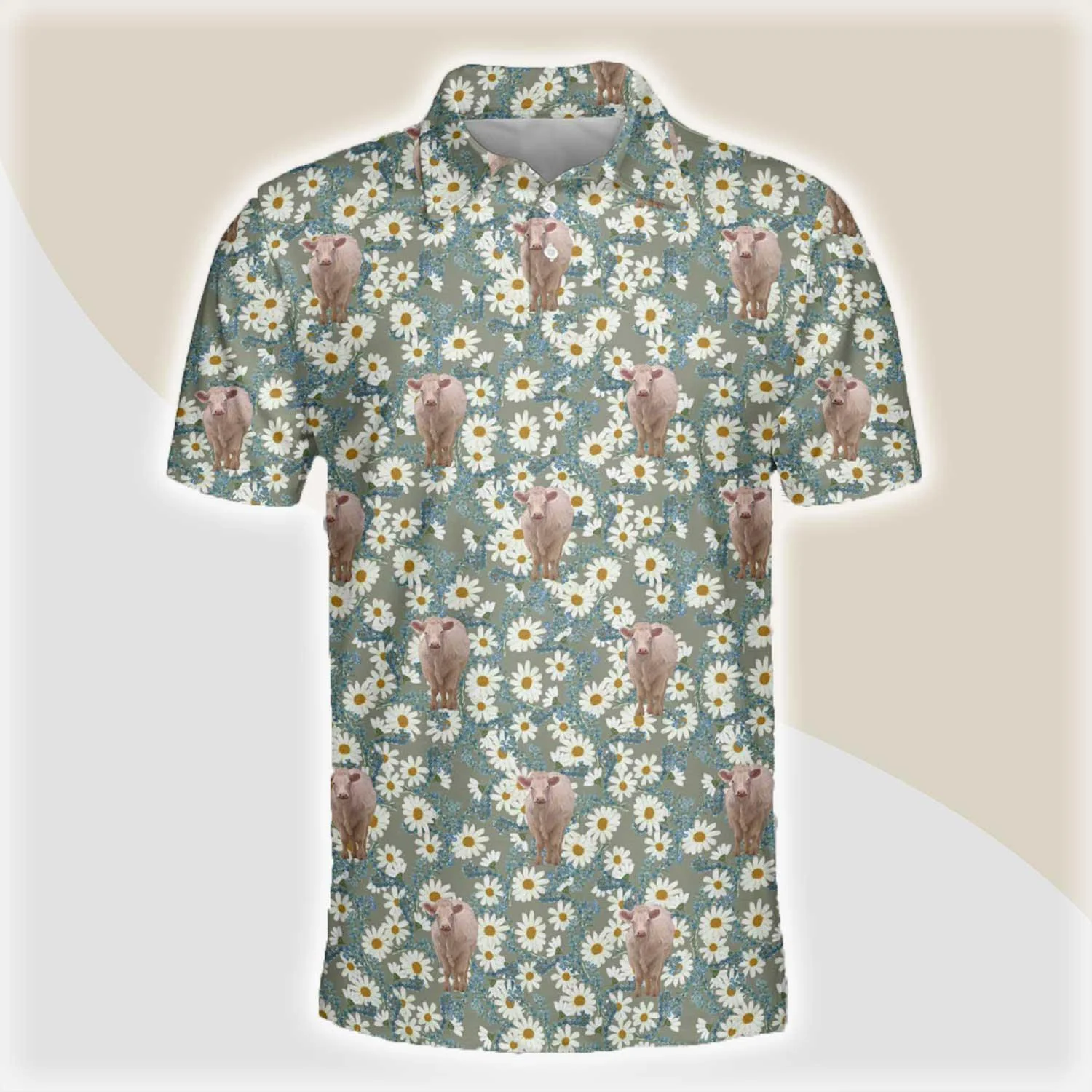 Charolais Men Polo Shirts For Summer - Charolais Camomilles Flower Grey Pattern Button Shirts For Men - Perfect Gift For Charolais Lovers, Cattle Lovers