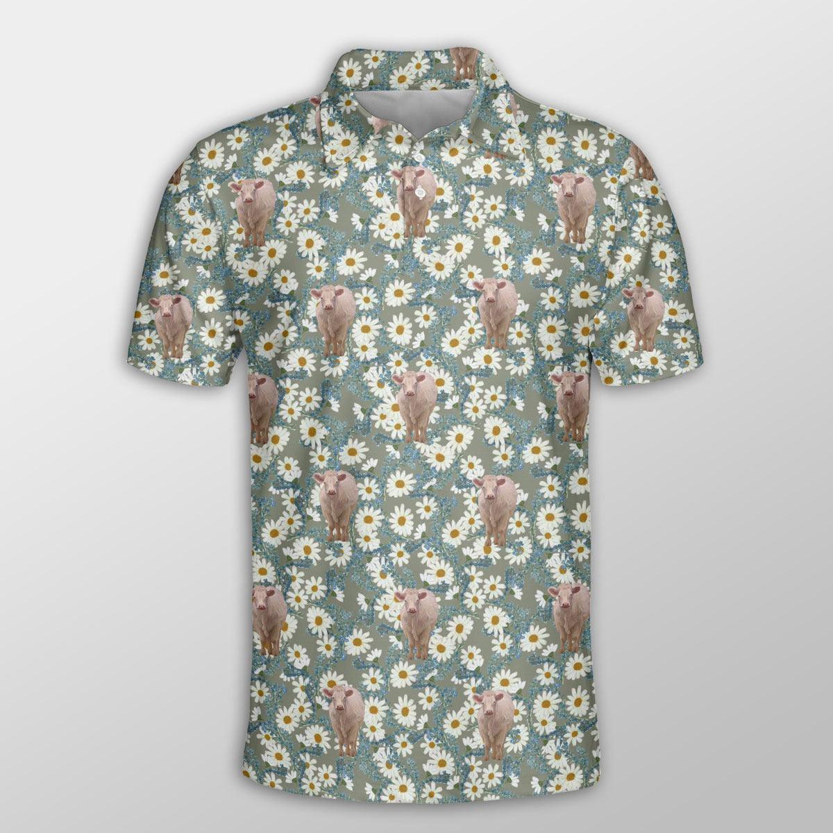Charolais Men Polo Shirts For Summer - Charolais Camomilles Flower Grey Pattern Button Shirts For Men - Perfect Gift For Charolais Lovers, Cattle Lovers - Image 2
