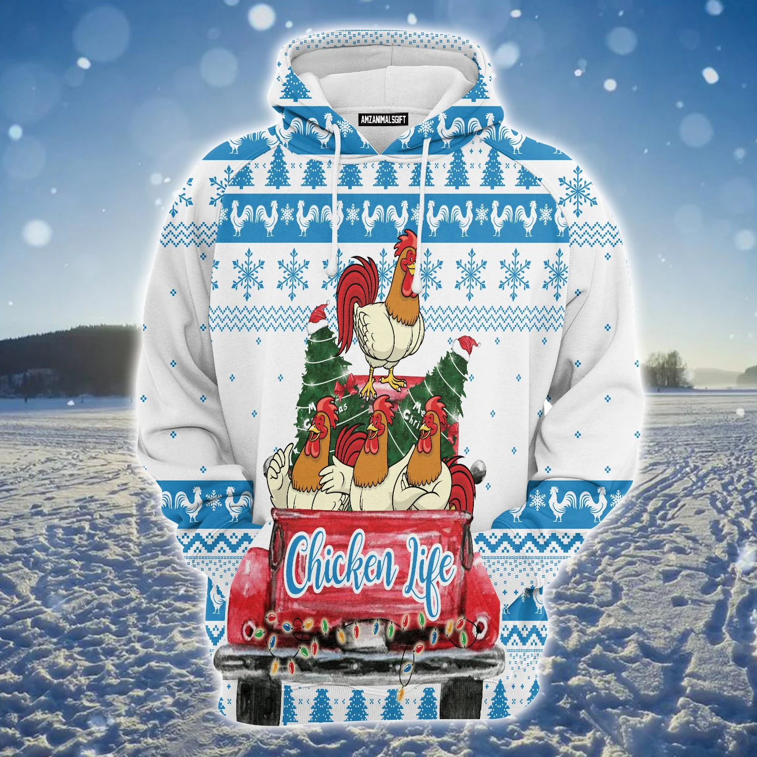 Chicken Life Premium Christmas Hoodie, Chicken Family On Red Car Unisex Hoodie For Men & Women - Perfect Gift For Christmas, Friends, Family - Image 2