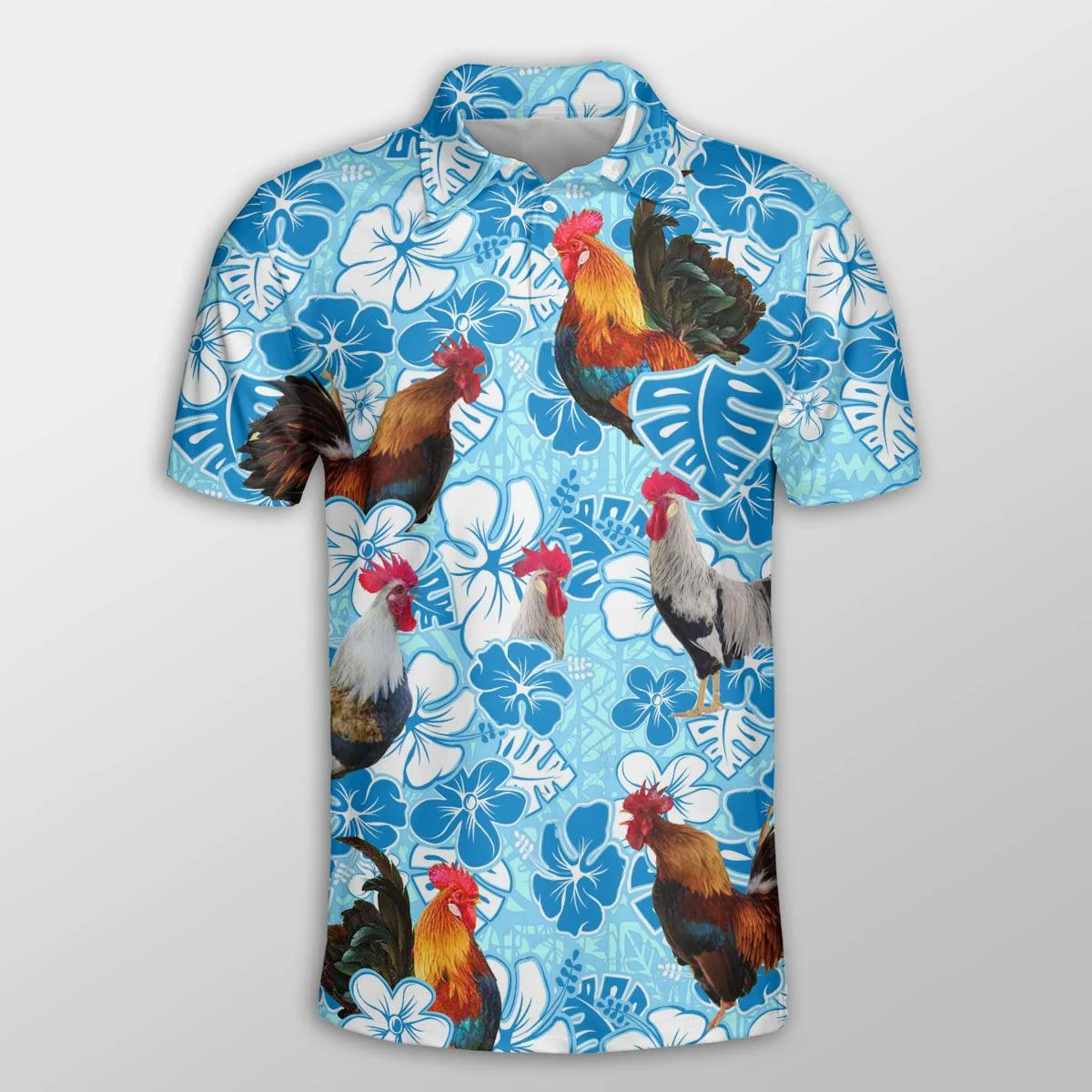 Chicken Men Polo Shirts - Chicken Blue Floral Pattern Button Shirts For Men - Perfect Gift For Chicken Lovers, Animal Lovers - Image 2
