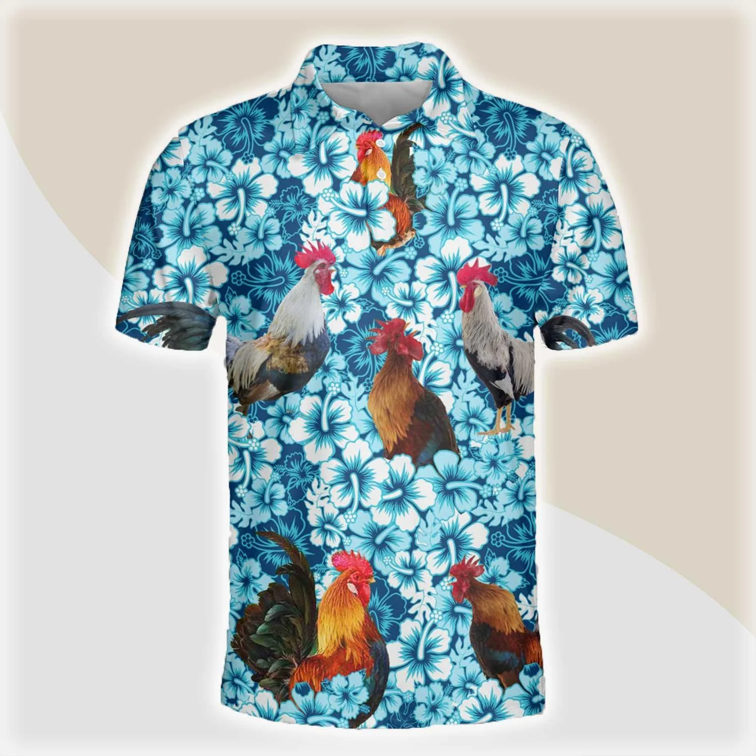 Chicken Men Polo Shirts - Chicken Blue Hibiscus Pattern Button Shirts For Men - Perfect Gift For Chicken Lovers, Animal Lovers