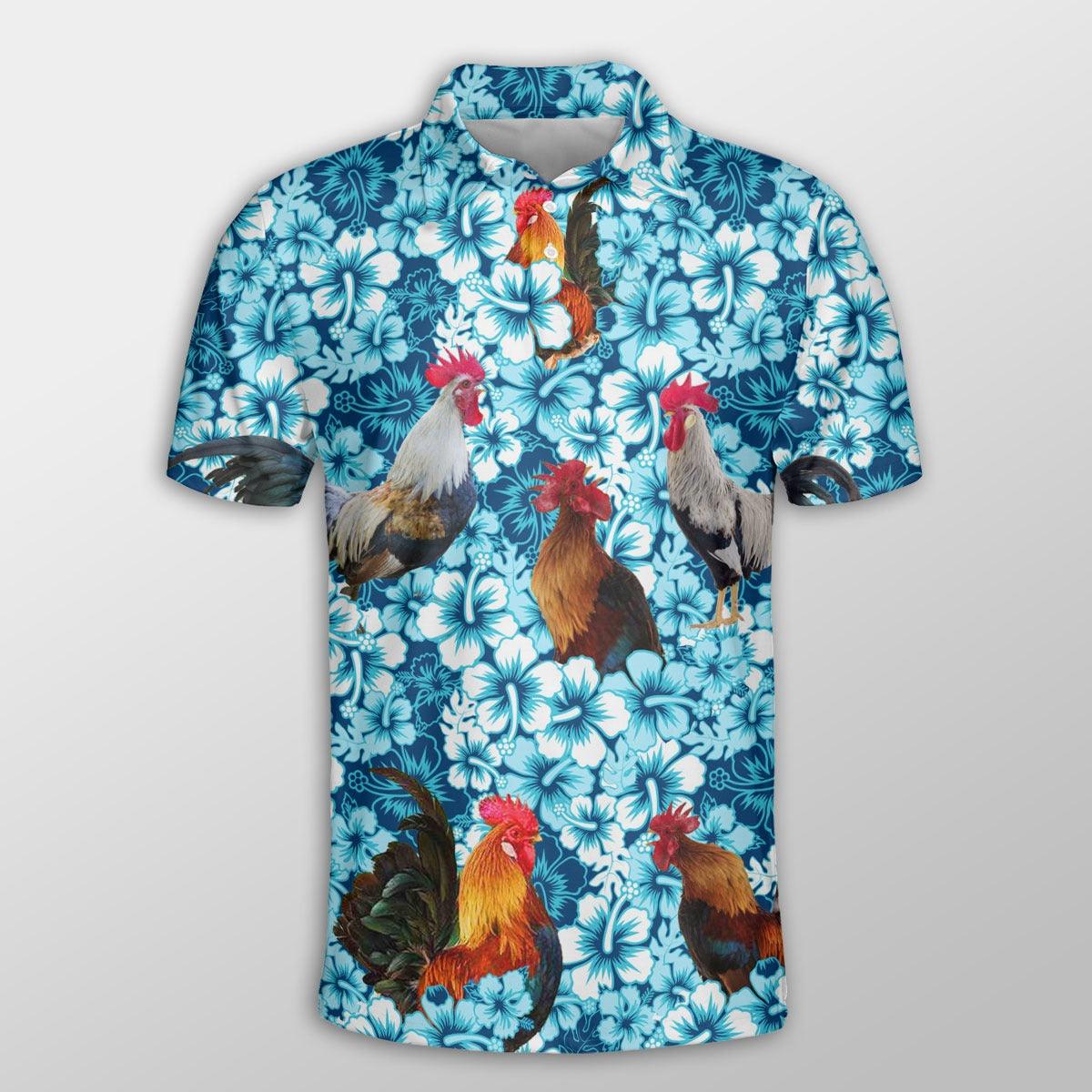 Chicken Men Polo Shirts - Chicken Blue Hibiscus Pattern Button Shirts For Men - Perfect Gift For Chicken Lovers, Animal Lovers - Image 2