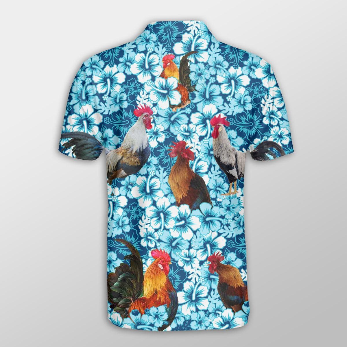 Chicken Men Polo Shirts - Chicken Blue Hibiscus Pattern Button Shirts For Men - Perfect Gift For Chicken Lovers, Animal Lovers - Image 3
