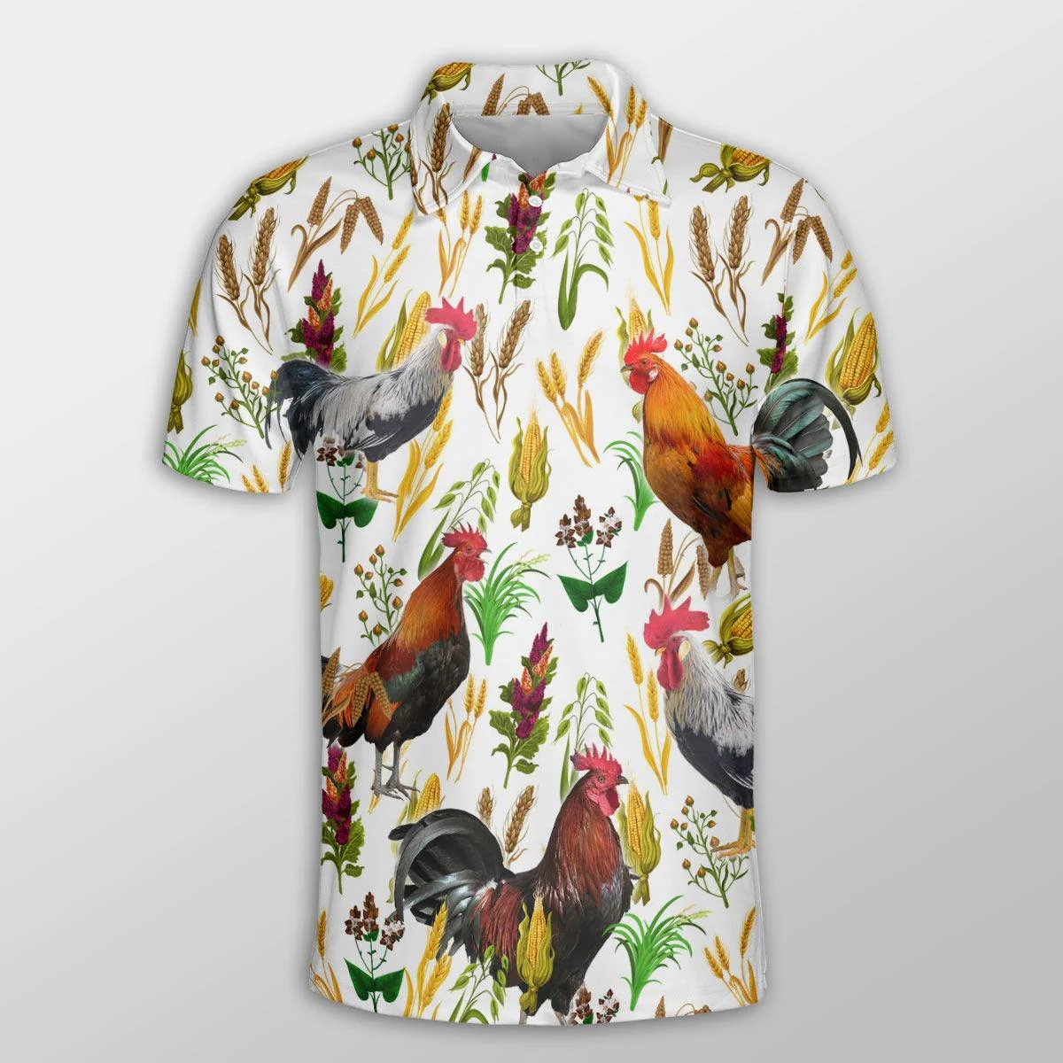Chicken Men Polo Shirts - Chicken Farm Wheat Pattern Button Shirts For Men - Perfect Gift For Chicken Lovers, Animal Lovers - Image 2