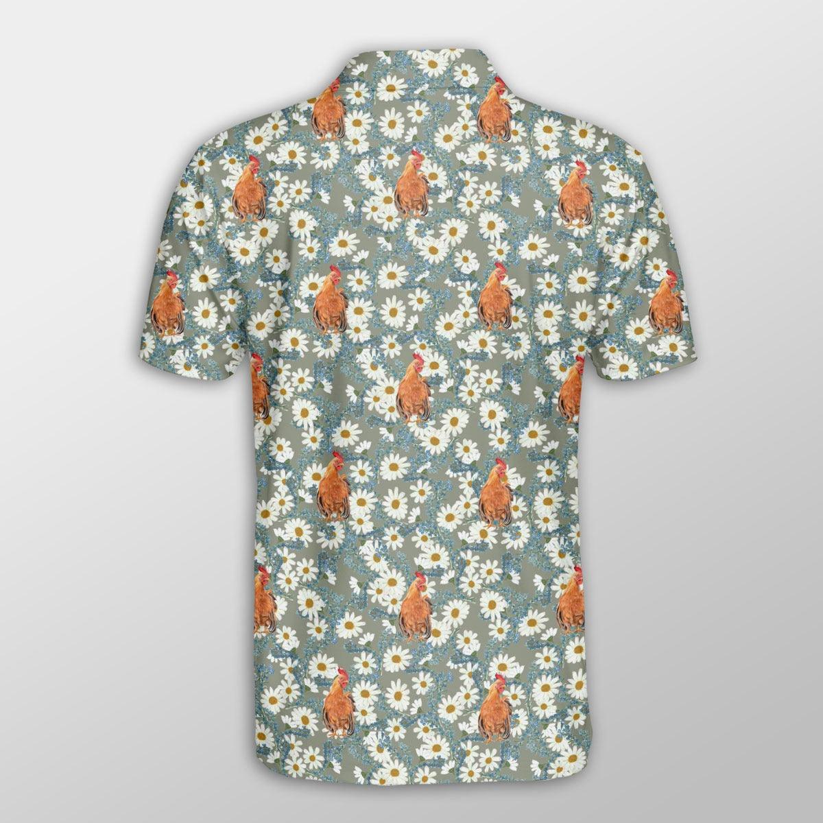 Chicken Men Polo Shirts For Summer - Chicken Camomilles Flower Grey Pattern Button Shirts For Men - Perfect Gift For Chicken Lovers, Animal Lovers - Image 3