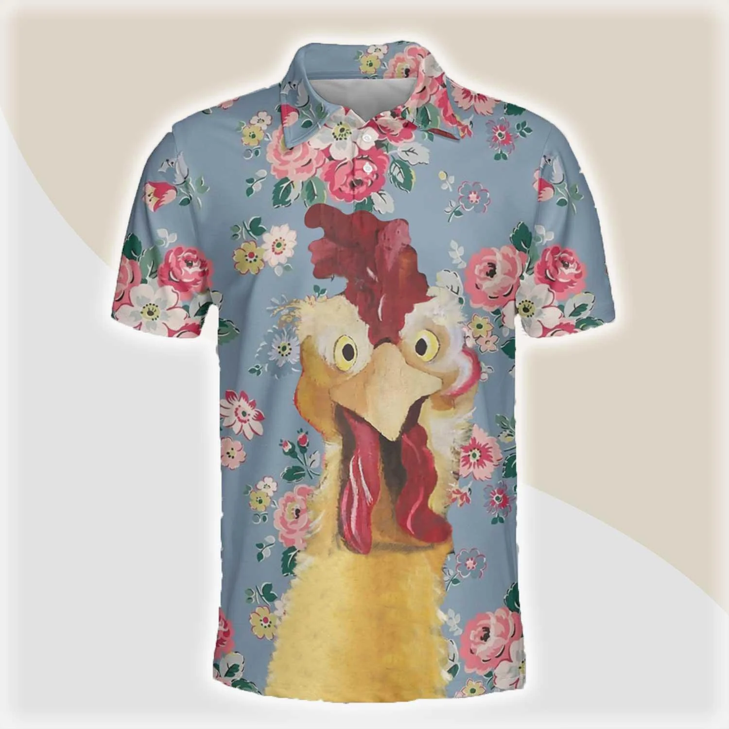 Chicken Men Polo Shirts For Summer - Rooster Floral Pattern Button Shirts For Men - Perfect Gift For Chicken Lovers, Animal Lovers