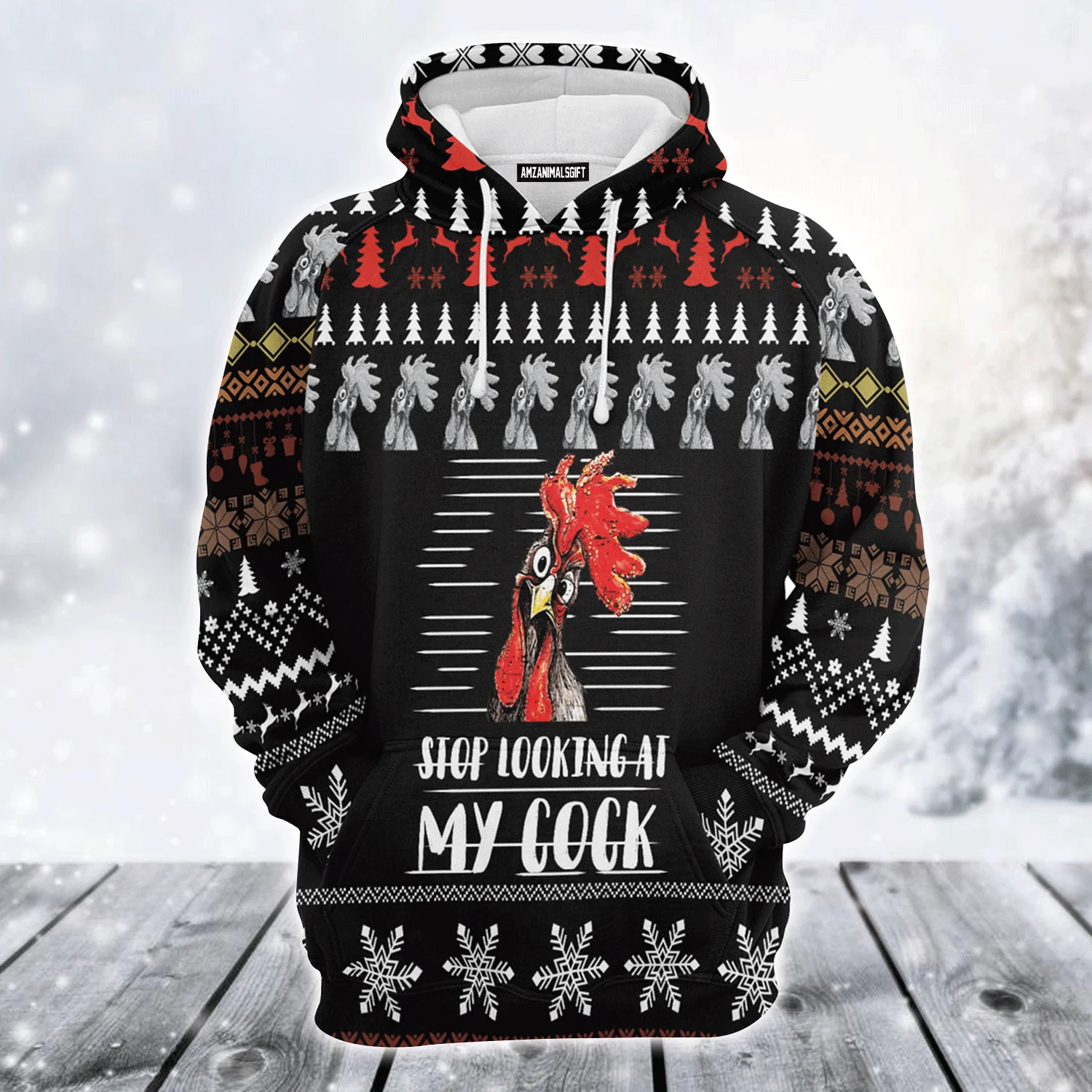 Chicken Premium Christmas Hoodie, Chicken Stop Looking At My Cock Unisex Hoodie For Men & Women - Perfect Gift For Christmas, Friends, Family - Image 2