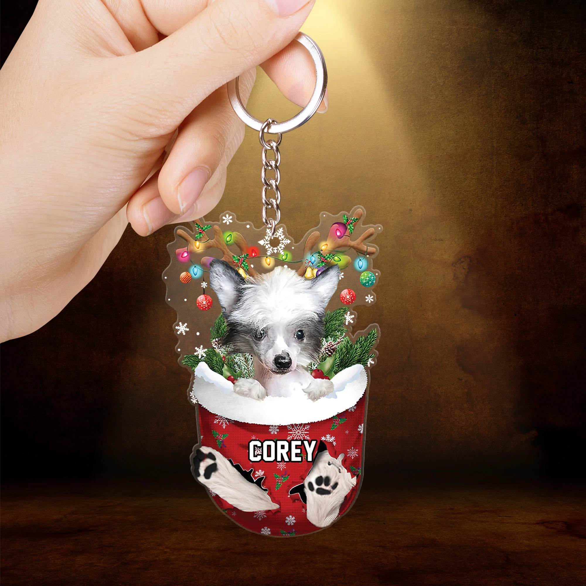 Chinese Crested Dog In Snow Pocket Christmas Acrylic Keychain - Christmas Gift For Chinese Crested Dog Lovers, Dog Lovers - Image 2