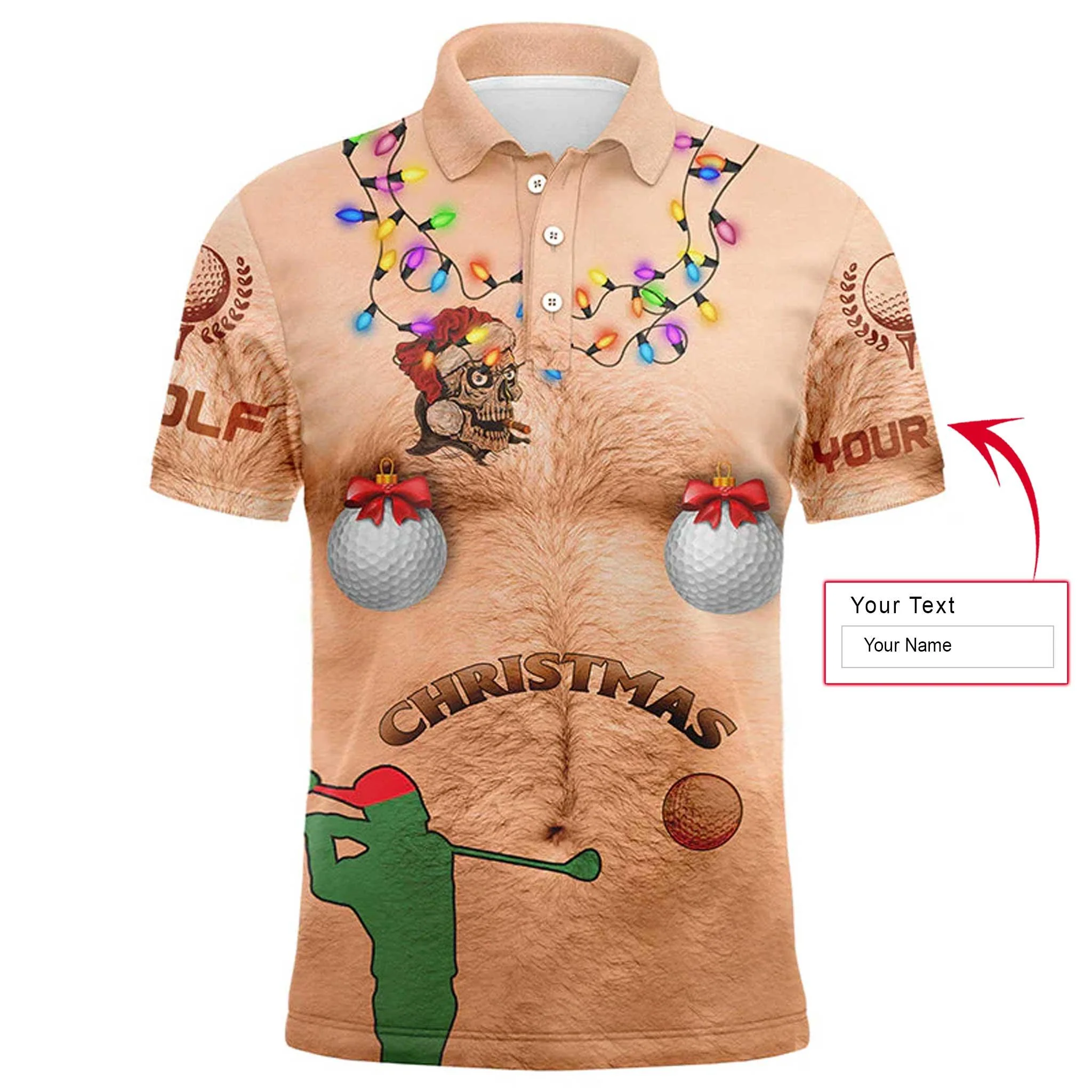 Christmas Golf Men Polo Shirt - Custom Name Funny Hairy Chest Ugly Apparel - Personalized Gift For Golf Lover, Men, Team, Husband, Boyfriend