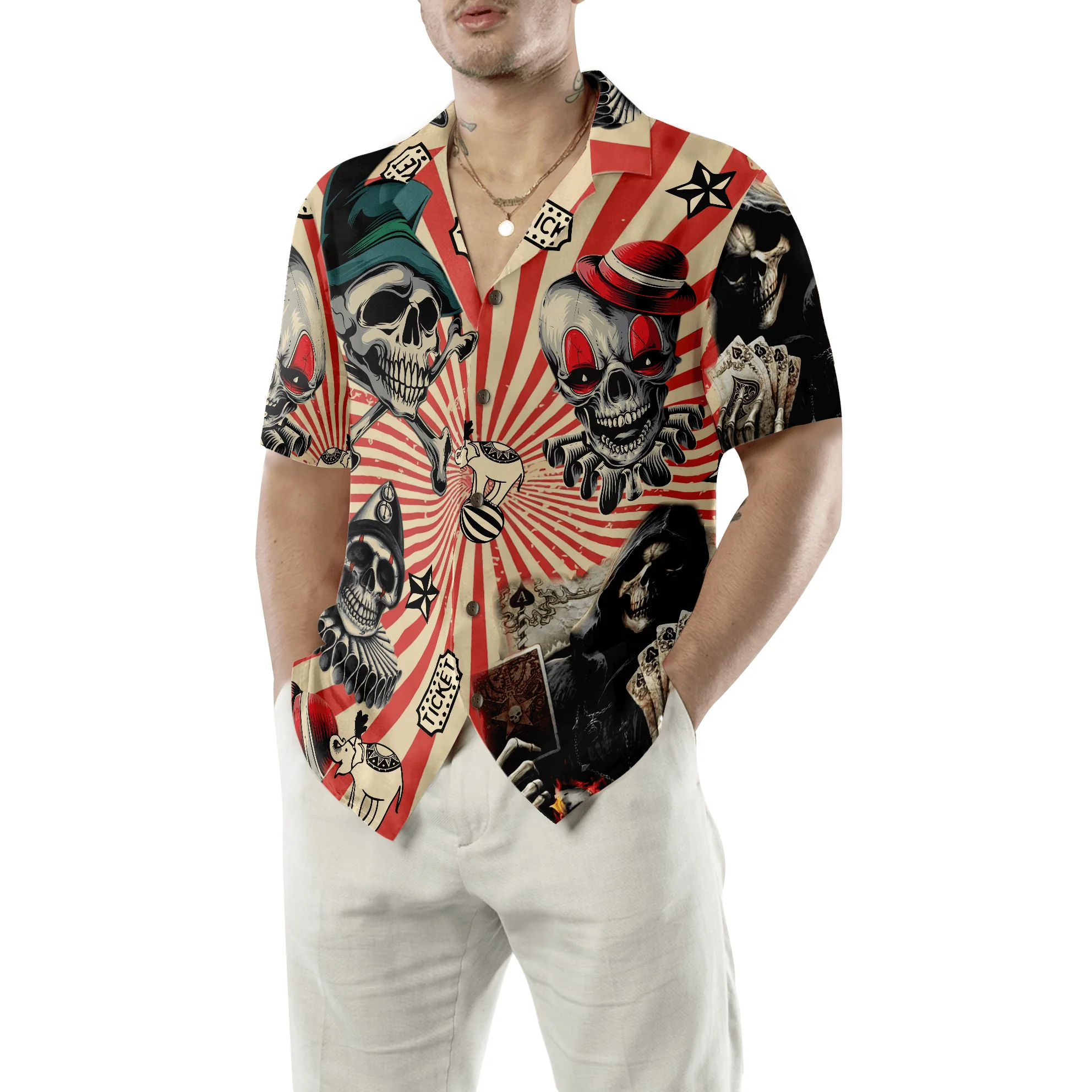 Circus Mysteries With Skull Magicians And Clowns Aloha Hawaiian Shirt For Summer, Colorful Shirt For Men Women, Perfect Gift For Friend, Team, Family - Image 5