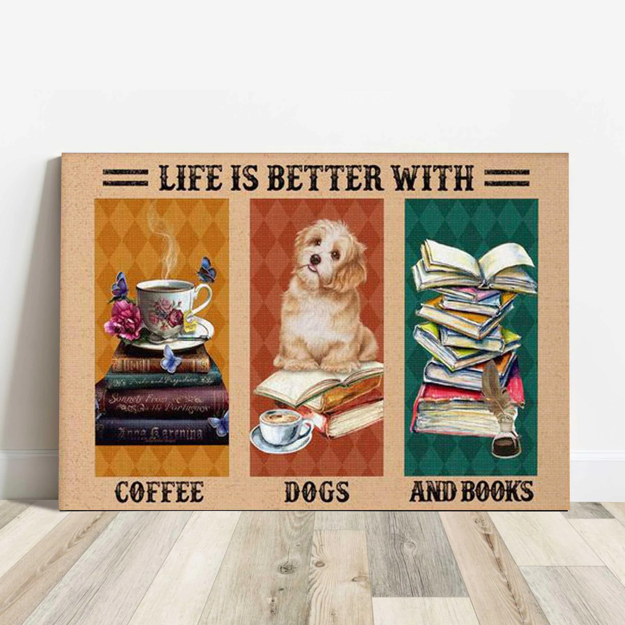 Coffee Dogs And Book Landscape Canvas, Life Is Better With Coffee Dogs And Books Canvas - Perfect Gift For Dog Lover, Coffee, Book Lover - Image 2