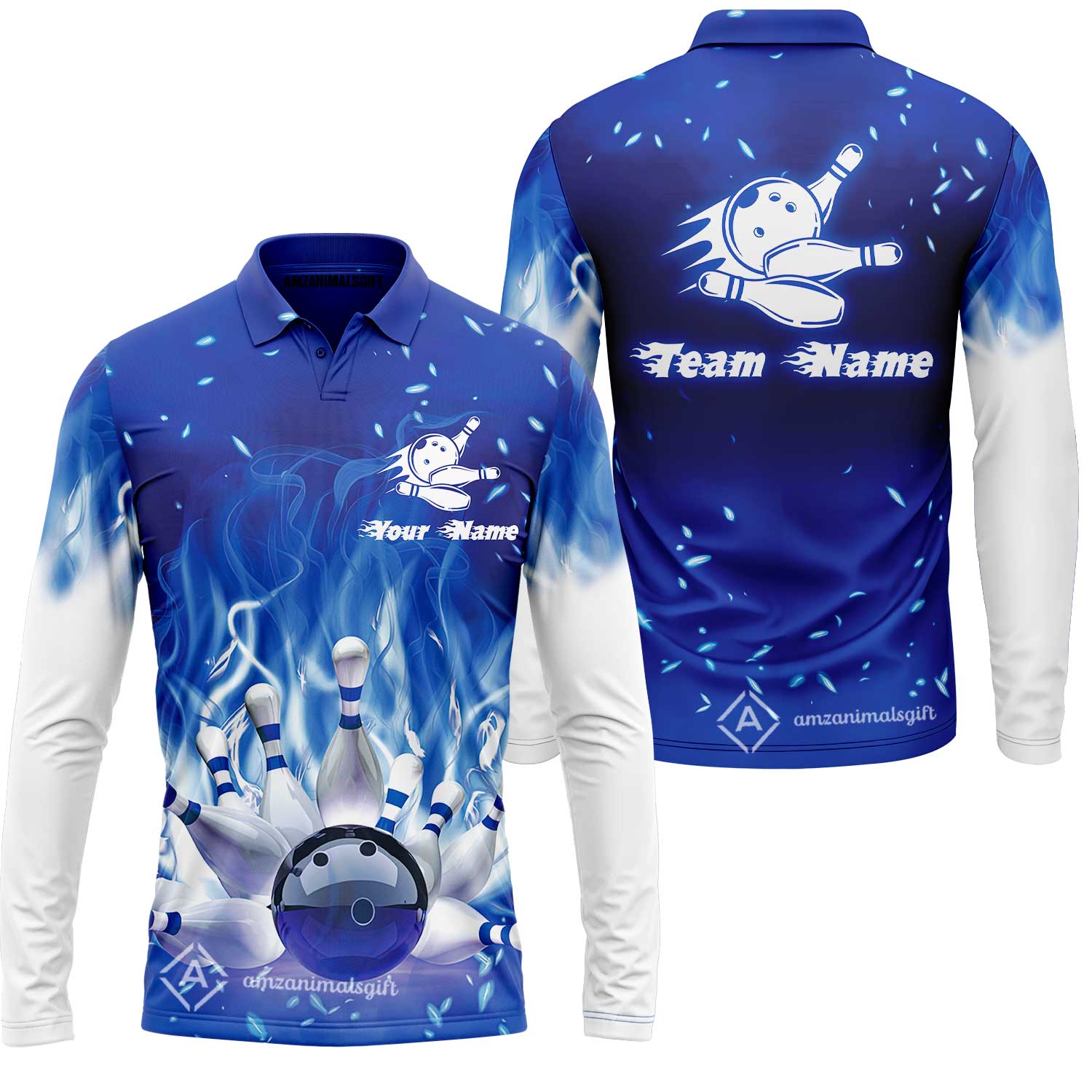 Bowling Men Polo Shirt Custom Name - Bowling On Blue Fire Personalized Bowling Polo Shirt - Image 8