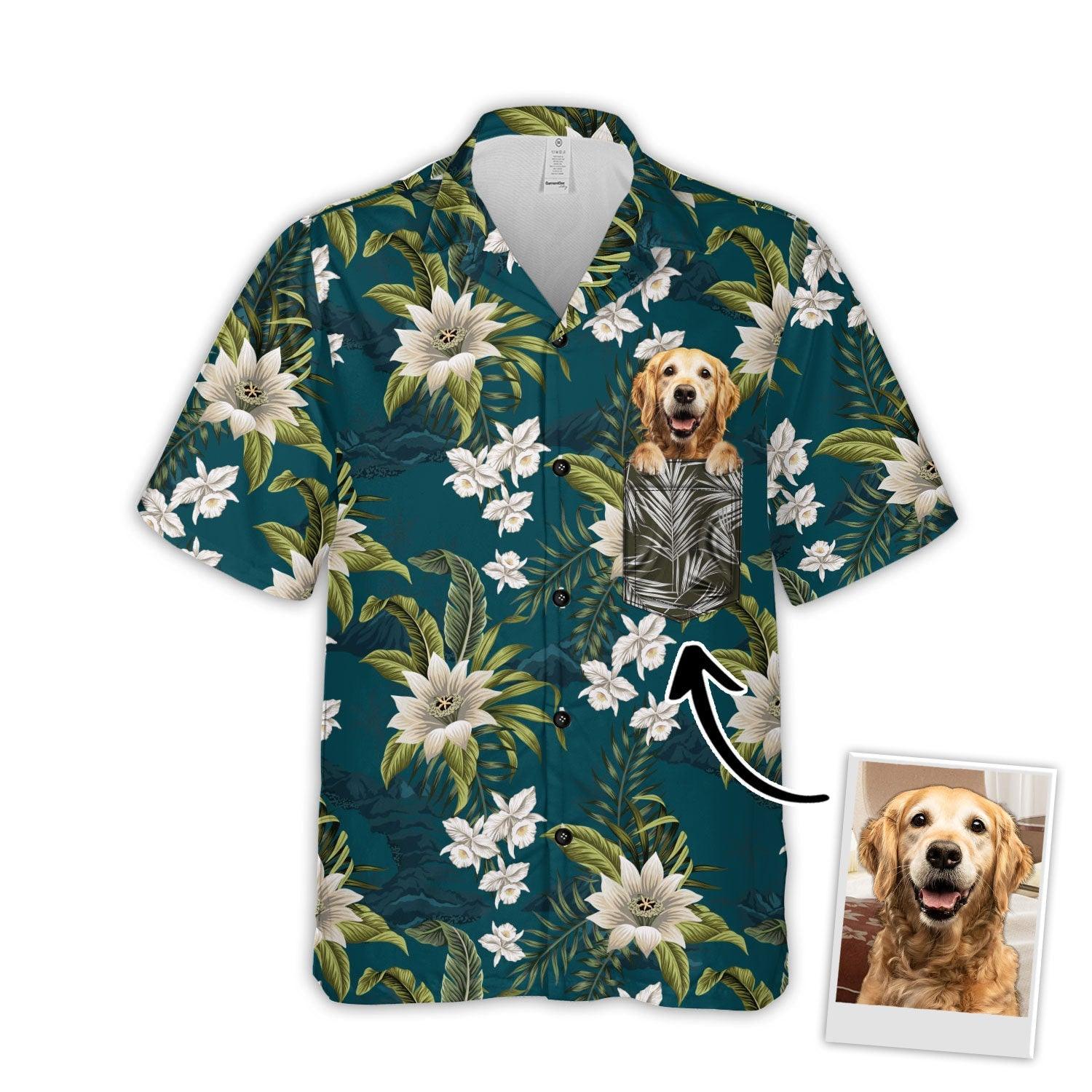 Customized Hawaiian Shirt With Pet Face - Tropical Vintage Flower Pattern Military Teal Color Aloha Shirt - Personalized Gift For Pet Lovers - Image 5