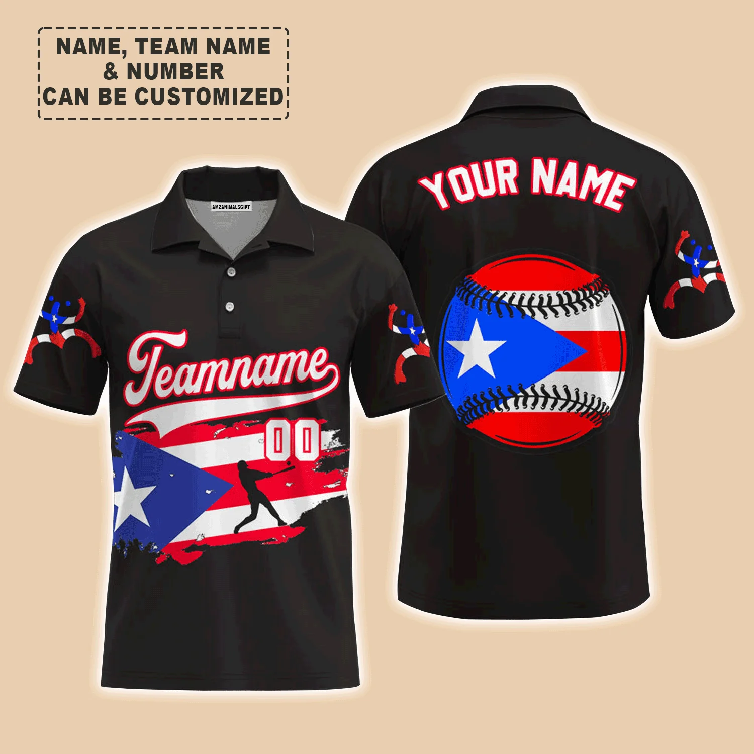 Customized Baseball Men Polo Shirt, Puerto Rico Baseball Black White Red Custom Polo Shirt - Perfect Polo Shirt For Men, Baseball Lovers - Image 2