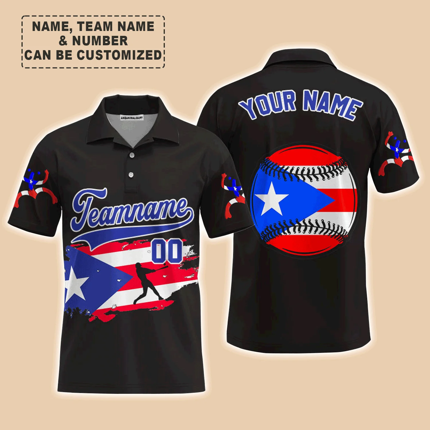 Customized Baseball Men Polo Shirt, Puerto Rico Baseball Black White Red Custom Polo Shirt - Perfect Polo Shirt For Men, Baseball Lovers - Image 3