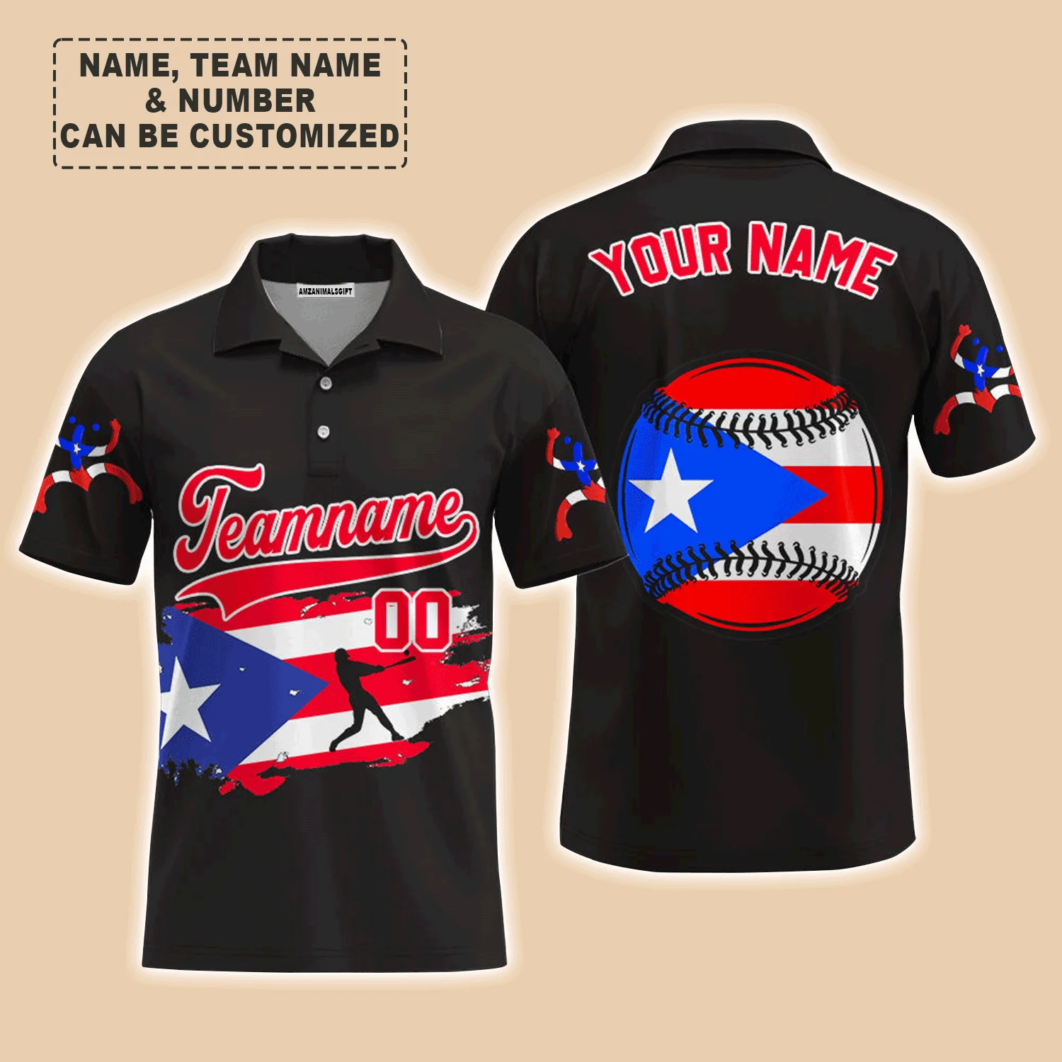 Customized Baseball Men Polo Shirt, Puerto Rico Baseball Black White Red Custom Polo Shirt - Perfect Polo Shirt For Men, Baseball Lovers - Image 4