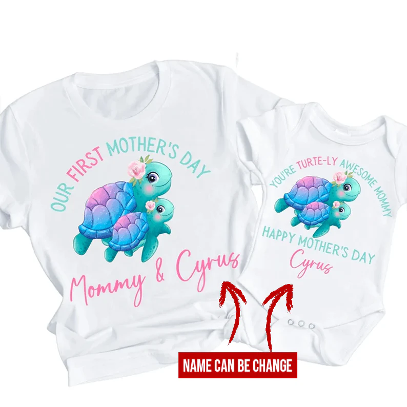 Turtle Baby Onesies, Matching T-Shirt & Baby Onesie Our First Mother's Day Mommy & Baby Cute Turtle Printed Custom Name Personalized Onesies, Newborn Onesies - Perfect Gift For Baby, Baby Gift Onesie - Image 2