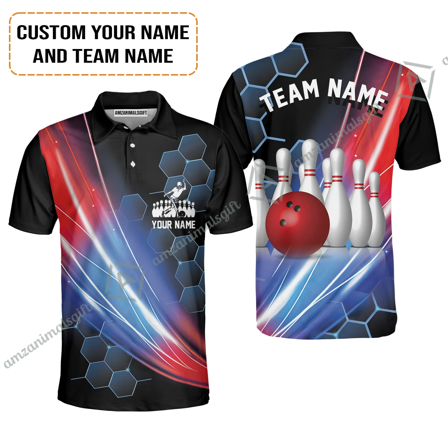 Custom Bowling Polo Shirt - Honeycomb Pattern Bowling Jerseys Team, Bowling uniforms, Custom Bowling Shirts For Men & Women Bowling Lover - Image 2