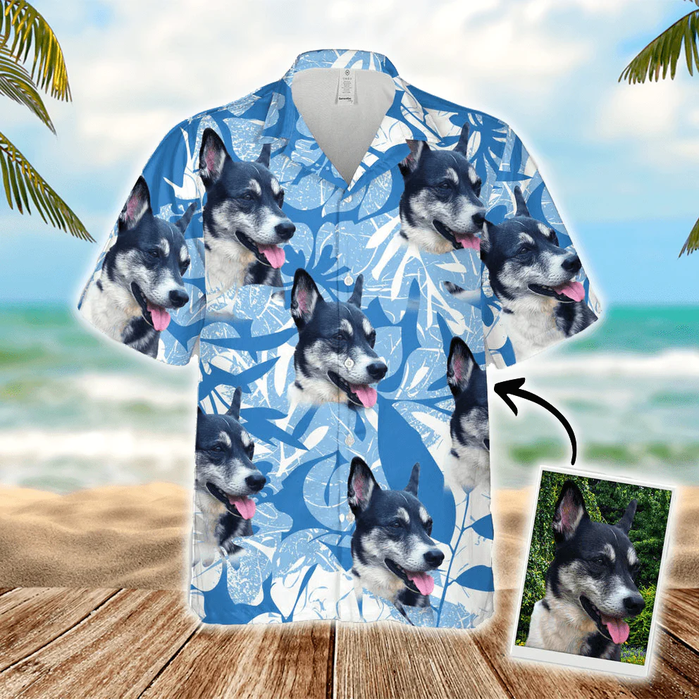 Hawaiian Shirt With My Dogs Face - Leaves & Flowers Pattern Blue Color Aloha Shirt - Personalized Hawaiian Shirt For Men & Women, Pet Lovers