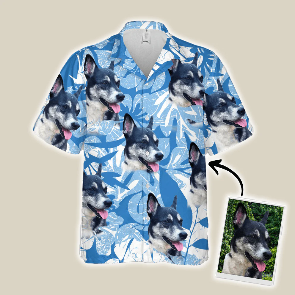 Hawaiian Shirt With My Dogs Face - Leaves & Flowers Pattern Blue Color Aloha Shirt - Personalized Hawaiian Shirt For Men & Women, Pet Lovers - Image 2