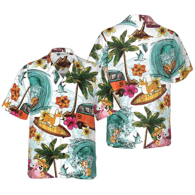Corgi Hawaiian Shirt, Corgi On The Beach, Palm Tree Aloha Shirt For Men - Perfect Gift For Corgi Lovers, Husband, Boyfriend, Friend, Family