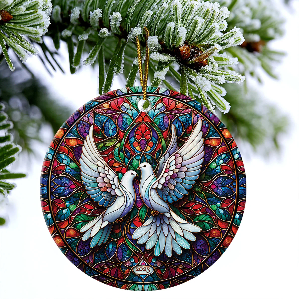 Couple Ceramic Christmas Ornament - Couple Dove Stained Glass Circle Ceramic Ornament, Gift For Christmas, Holiday Decor - Image 2