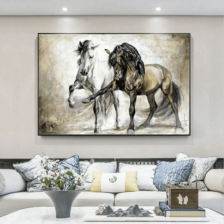 Couple Landscape Canvas - Horse Couple Black And White Premium Wrapped Canvas - Gift For Couple, Spouse, Lover