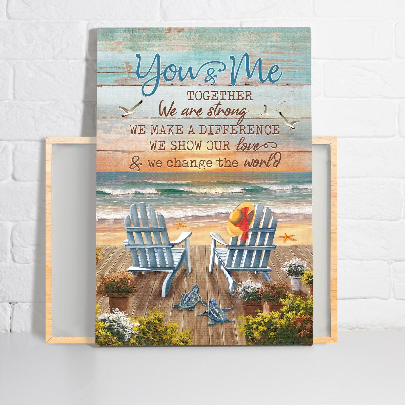 Couple Premium Wrapped Portrait Canvas - Blue Chairs, Ocean Painting, Orange Sunset, You And Me Together - Perfect Gift For Couple, Lovers, Spouse