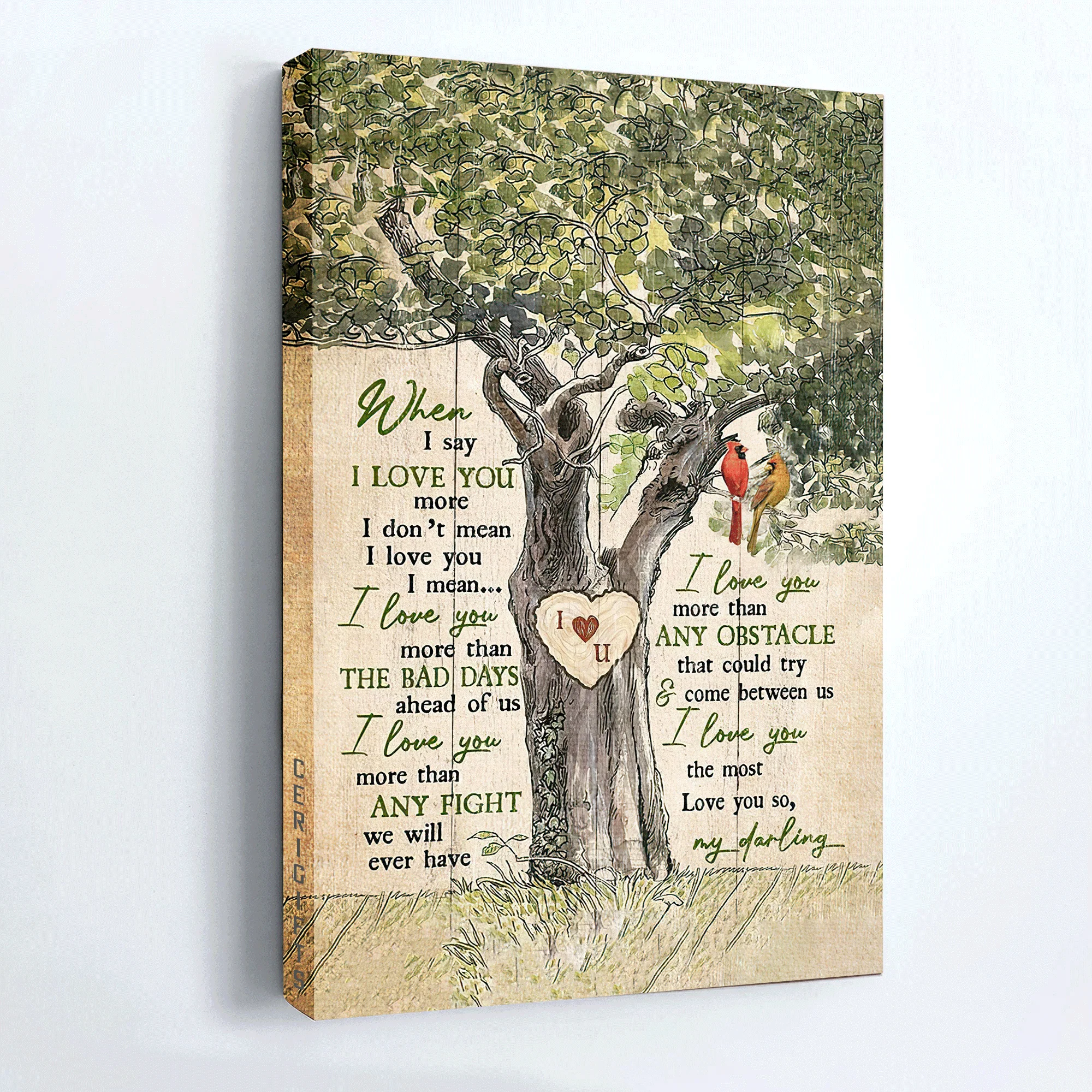 Couple Premium Wrapped Portrait Canvas - Wooden Heart, Red Cardinal, When I Say I Love You More - Gift For Couple, Lovers