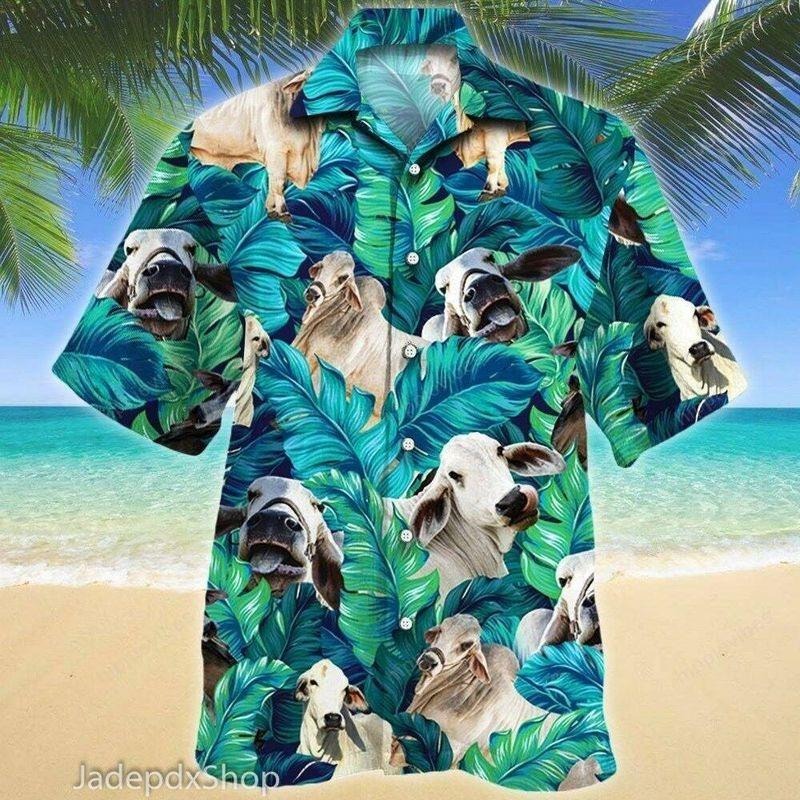 Cow Aloha Hawaiian Shirt - Brahman Cow Pattern Hawaiian Shirt, Tropical Leaf Pattern Hawaiian Shirt For Men & Women, Cow Lover
