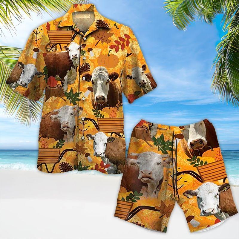 Cow Cattle Aloha Hawaiian Shirt - Cow Cattle Set Autumn Pattern Hawaiian Shirt, Autumn Leaves Hawaiian Shirt For Men & Women, Cow Lover