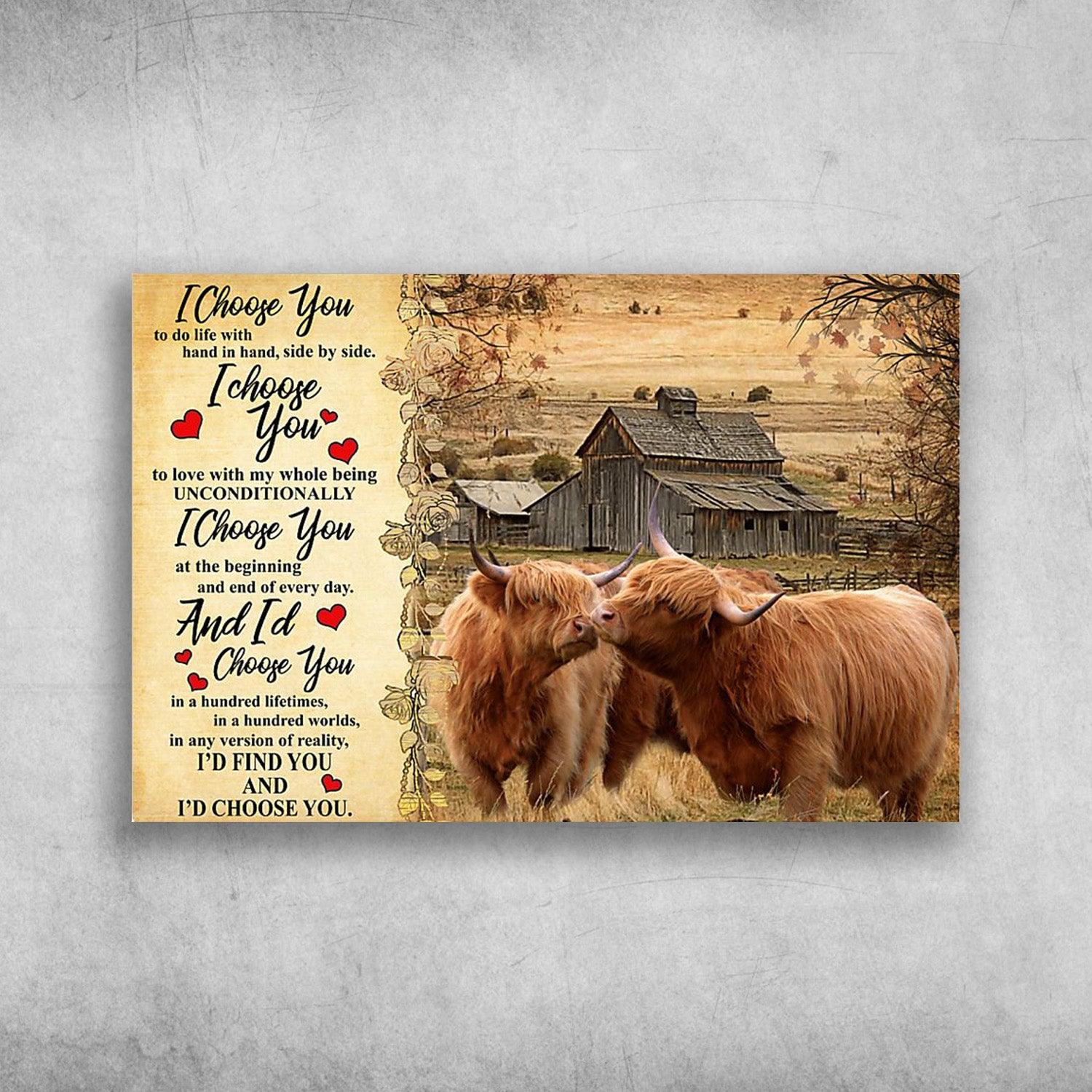 Cow Landscape Canvas - Higland Cattle I Choose You To Do Life With Hand In Hand Side By Side - Gift For Couple, Husband, Wife, Girlfriend, Boyfriend