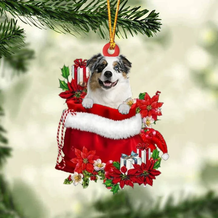 Custom Australian Shepherd In Red Gift Bag Acrylic Christmas Ornament, Personalized Name Christmas Gift For Dog Lovers, Dog Mom - Image 3