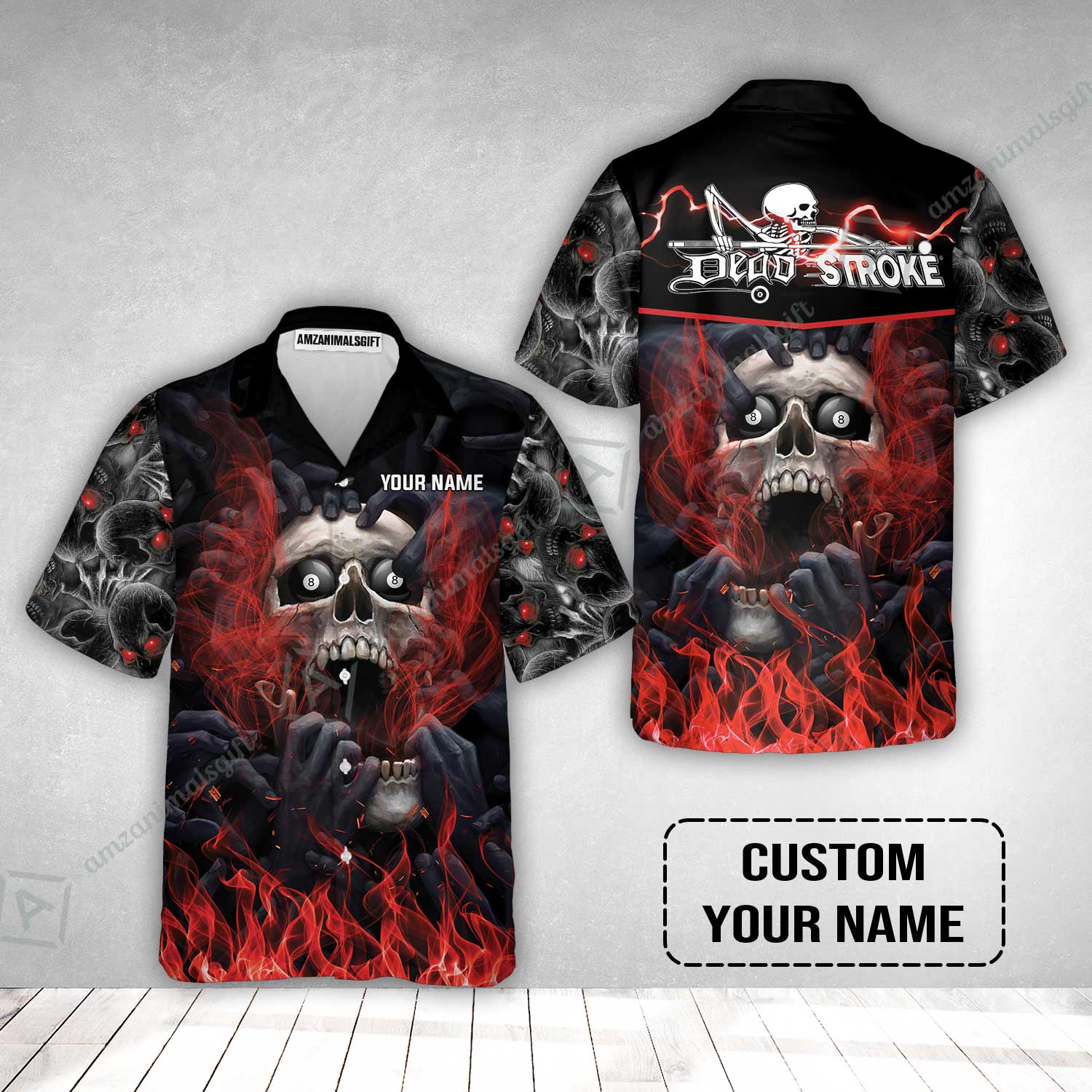 Custom Billiard Hawaiian Shirt - Dead Stroke Pool 8 Ball Skull On Fire Personalized Name, Perfect Billiard Hawaiian Shirt - Image 2